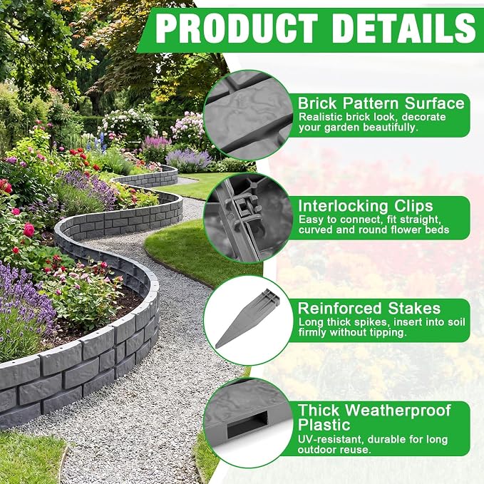 15 Pcs Garden Edging Border, 26ft Faux Stone Edging for Landscaping Lawn | No-dig Plastic Garden Fence, Stone Look Barrier with Built-in Stakes for Flower Beds, Yard, Paths, Patio and Tree Rings Decor