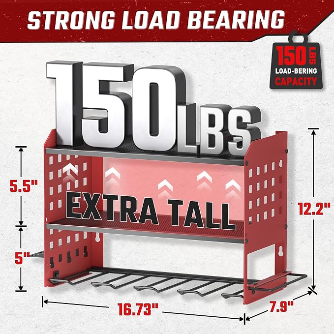 SUNALLY Power Tool Organizer, Heavy Duty Wall Mount Tool Organizer 3 Layers with 4 Drill Holders, Garage Tools Storage Rack with 2 Side Pegboards and Hooks for Workshop, Shed, Red