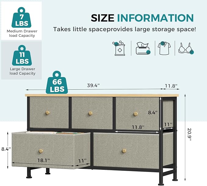 OLIXIS 5 Drawer Dresser for Bedroom, Storage Organizer Unit for Closet | Chest of Drawers for Clothes Storage with Bins, Wide Fabric Bedroom Dresser, Wooden Top, Living Room, Ink Green