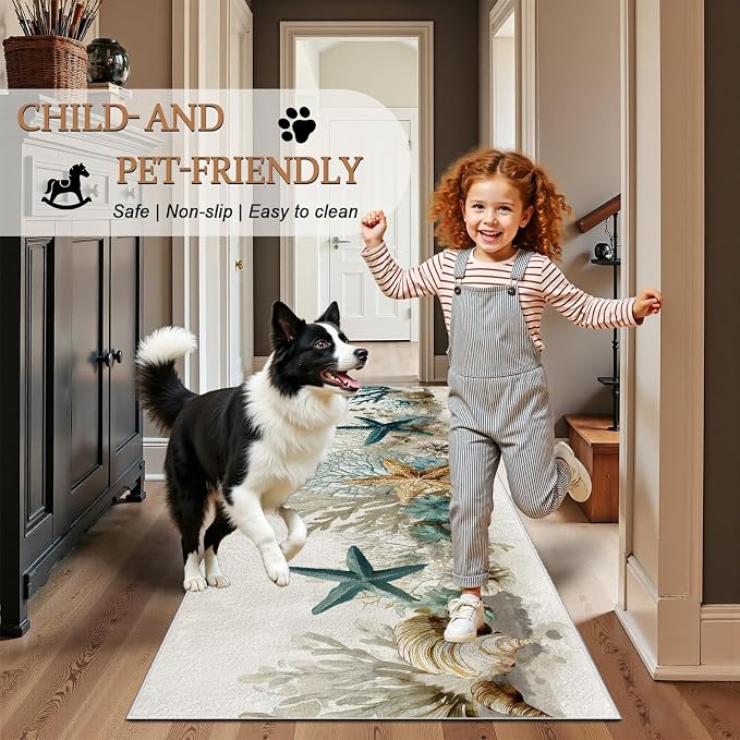 Starfish Coral Washable Runner Rug 2.6x7 - Ocean Seaside Entryway Rug, Ultra-Thin Kitchen Rugs, Marine Life Anti Slip Runner Rugs for Entrance Laundry Room Corridor Bedroom