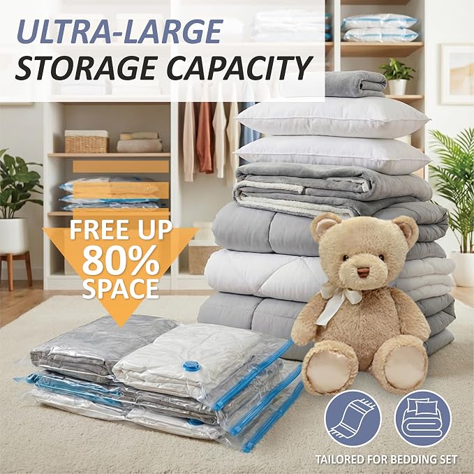 Cozy Essential Vacuum Storage Bags, 80% Compression Vacuum Seal Space Saver Plastic Packaging Bags for Clothes, Blankets, Pillow, Bedding, Comforters, Sealer Clothing Storage,4 XXL Jumbo