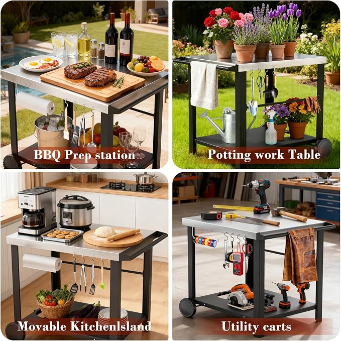 Grill Table Stand with Wheels, 24.4" x 38.3" x 30.9" | Extra-wide prep table for Ninja Woodfire, Blackstone griddles and pizza ovens, movable outdoor workspace
