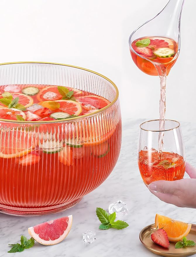 NiHome Glass Punch Bowl Set with Ladle, 2.5 Gal Gold Rim Ribbed for Parties | Borosilicate Crystal Clear, Hand Wash. Large Capacity for Wedding, Birthday, Holiday, Cocktails, Drinks, Salads, Snacks