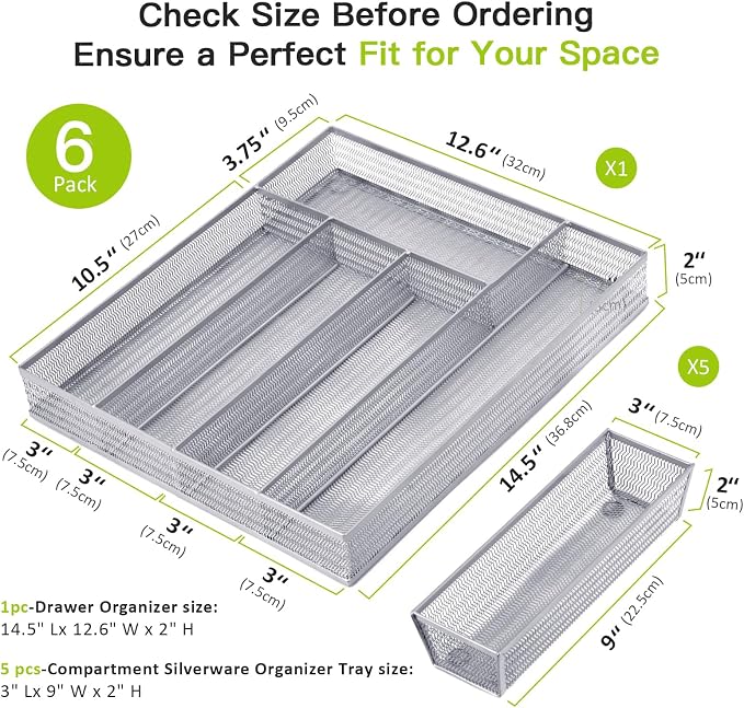 Neudeco Drawer Organizer Set, Silver Mesh, 6 Pack | 5-Compartment Silverware Tray, 5 Utensil Trays, Non-Slip, For Flatware, Cutlery, Office Supplies
