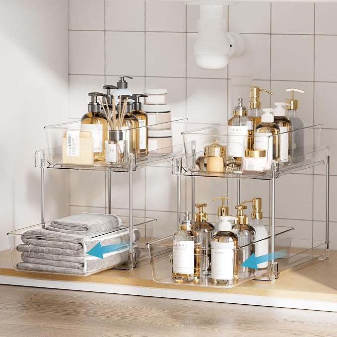 Vtopmart 8 Pack Bathroom Organizer, 2 Tier Clear Under Sink Organizers Vanity Countertop Storage Container,Cabinet Drawers Bins, Pull-Out Organization with Track for Pantry, Kitchen