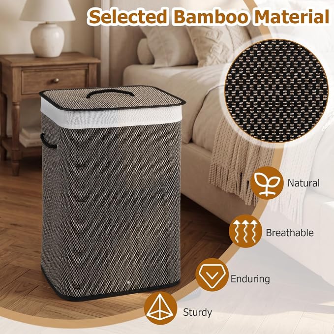Giantex Bamboo Laundry Hamper with Lid, Removable Liner & Portable Handles | 19 Gal Large Capacity Clothes Hamper, Rectangular Laundry Basket for Bedroom Bathroom Laundry Room, Dark Taupe