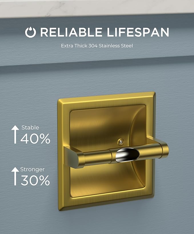 FORIOUS Recessed Toilet Paper Holder, Stainless Steel Durable Tissue Roll Holder Wall Mount for Bathroom Space Saving Design with Mounting Bracket, in Wall Toilet Paper Dispenser Insert, Gold