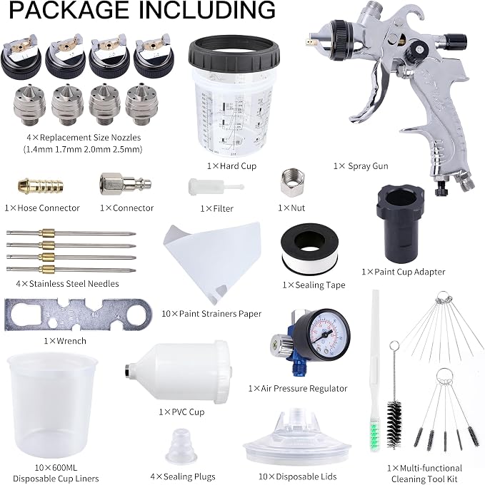 HVLP Spray Gun with Disposable Paint Cups Kit for Car Painting | 10 Disposable 600ml Paint Cups, 4 Nozzles (1.4/1.7/2.0/2.5mm) For Automotive Primer, Basecoat, Clear Coat And Diy Projects.