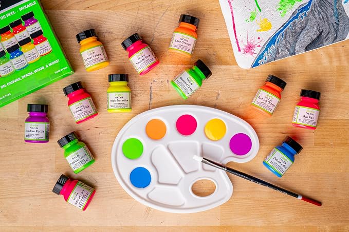 Angelus Neon Acrylic Leather Paint Set – 12 Vibrant Colors, 1 oz Each – Non-Toxic Leather, Canvas, Wood Paints for Customization and Crafting. Flexible, Mixable, Made In USA