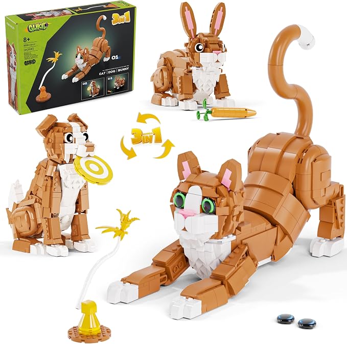 3-in-1 Orange Cat Building Set, Build a Cat, Dog or Rabbit, Creative Animal Building Toy for Kids Ages 8+, Gift for Animal Lovers, Girls and Boys