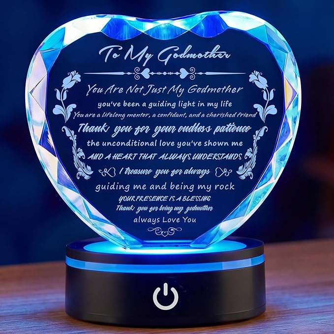 Gifts for Godmother with Colorful LED Base Heart Crystal Plaque Godmother Gift Idea from Goddaughter Godson for Mothers Day, Christmas, Birthday, Thanksgiving,Retirement