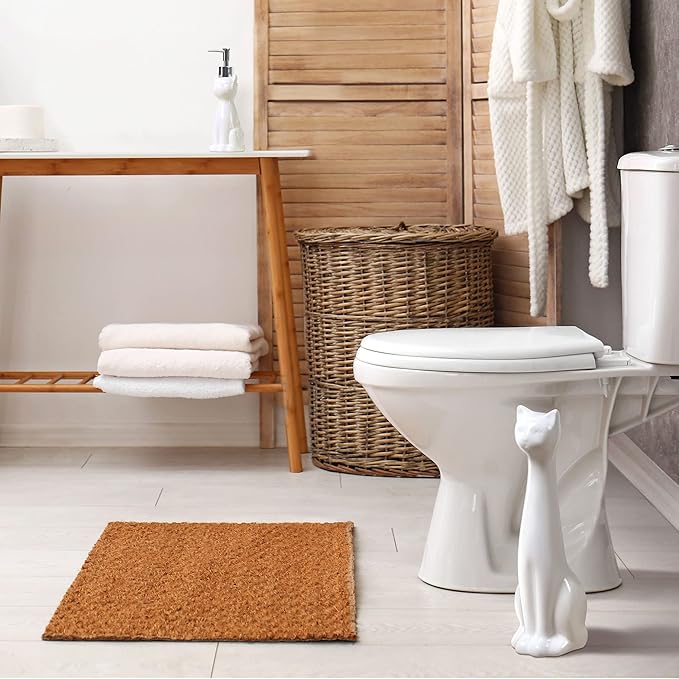 Allure Home Creation Cat 3-Piece White Ceramic Toilet Brush Holder w/White Plastic Handled Scrub Brush & Soap Dispenser
