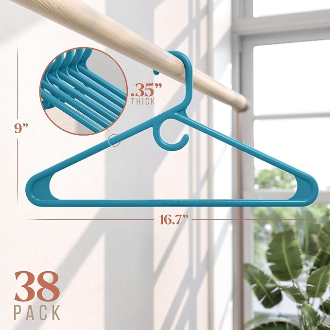 NEATERIZE Thick Heavy Duty Hangers - Blue Plastic Clothes Hangers 38 Pack - Great for Coat Hanger, Jackets Jeans & Suit Hanger for Closet - New Apartment Essentials Percheros Ganchos para Colgar Ropa