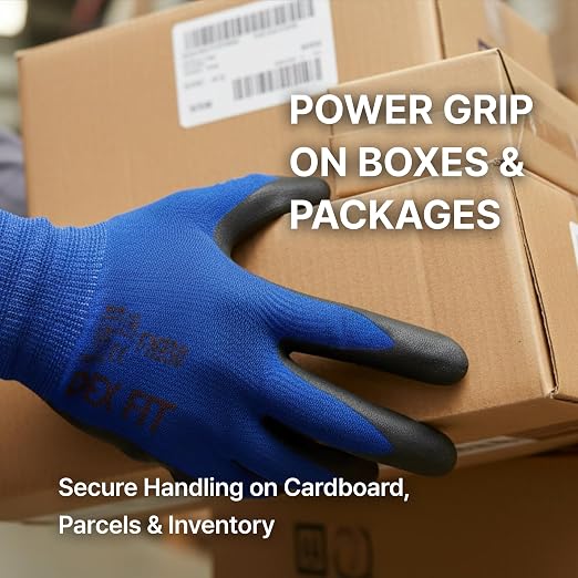 DEX FIT Nitrile Work Gloves FN330, 3D Comfort Fit, Touchscreen Grip Gloves for Warehouse, Construction, Package Handling, Delivery & General Work, Men & Women, Blue, L, 12 Pairs