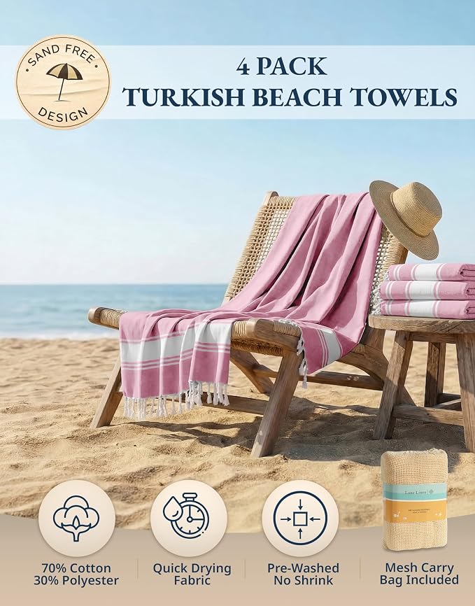LANE LINEN Turkish Beach Towel 4 Pcs, Beach Towels, for Adults - Candy Pink | Pre-Washed Pool Towel - Quick Dry & Sand Free - 39"x71", Vacation Essential - Machine Washable, Travel & Camping, Gym & Yoga