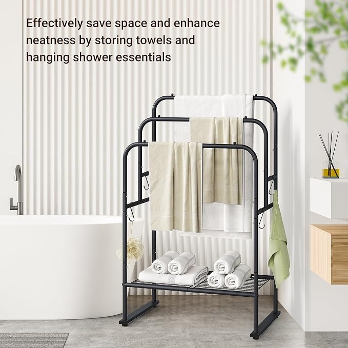 ELYKEN 3 Tier Freestanding Towel Rack with Shelf, 40" H Towel Stand, Black | Metal Drying Rack for Oversized Bath Towels & Blankets, 4 Hooks, Indoor & Outdoor Use, Fits Bathroom, Tub, Shower, Poolside