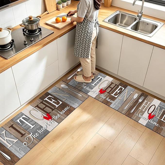 Kitchen Rugs Set 3 Piece, Non Slip Kitchen Mats for Floor, Soft Fabric with Rubber Backing, Farmhouse Anti Fatigue Runners Carpet for Home Kitchen Laundry Room Hallway (Rustic Brown & Grey)
