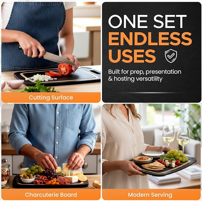 Earth's Dreams Composite Wood Cutting Board Set of 3, Built In Juice Groove | Dishwasher Safe,Non-Toxic, Cutting Boards for Kitchen – Large, Medium & Small Non-Slip Wood Charcuterie & Chopping Boards