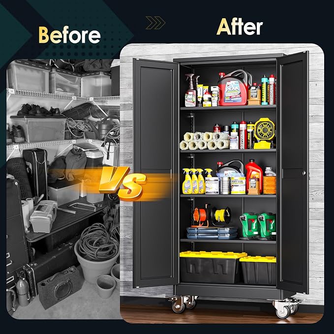 PAOFIN 71''H Tall Metal Garage Storage Cabinet with Wheels,Steel File Cabinets with 2 Doors and 4 Adjustable Shelves for Home Office, Warehouse, Required Assembly,Black