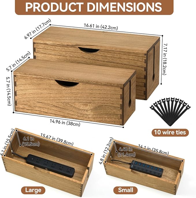 KIRIGEN Wooden Cable Management Box Set of 2, Cord Organizer, Brown | Large and Small Solid Wood Boxes with Removable Lids for Power Strips, Chargers, Routers, and Desks Home Office