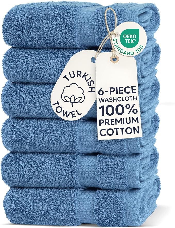 Chakir Turkish Linens 6 Piece Washcloth Set, 100% Cotton Turkish Washcloths for Bathroom, Luxury Soft Absorbent Face Towels, 13 x 13 Inches, Wedgewood