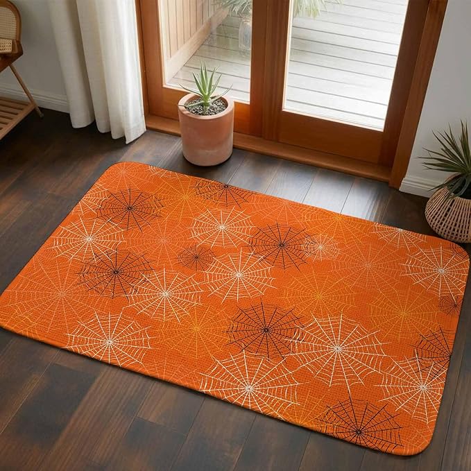 Orange Halloween Washable Area Rugs for Living Room Bedroom, Large Non Slip Indoor Floor Carpet Absorbent Low Pile Black White Net Halloween Door Mat Rugs for Bathroom Entryway 47.2"x63"