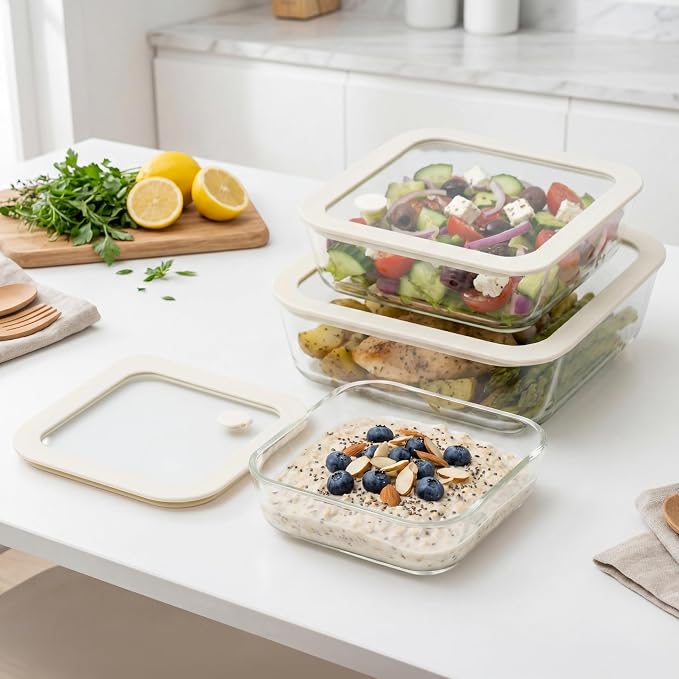 Glass Food Container Set with Glass Lid, 3 Pack, Meal Prep Containers with Silicone Framed Airtight Lid, Leakproof, 100% Plastic Free,