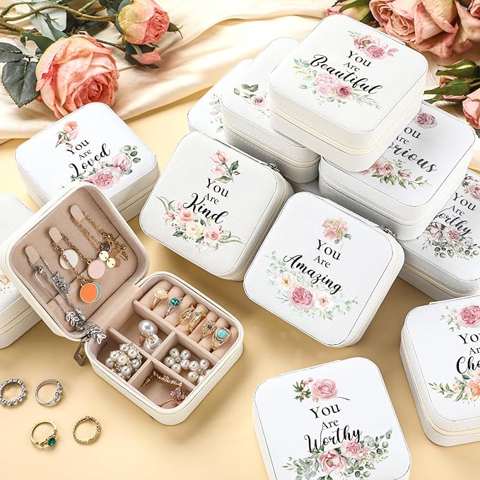 Kacctyen 24 Pcs Mini Travel Jewelry Case Bulk You Are Beautiful Loved Pink Rose Mother's Day Church Gift for Secretary Women Party Favors Girls Leather Travel Jewelry Case