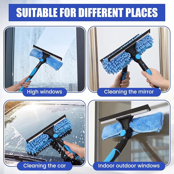 Window Cleaning Kit with Bucket 71" Long Handle 4-in-1 Rotatable Window Squeegee and Microfiber Scrubber Pads High Windows Washing Tool for Commercial Home Outdoor Car