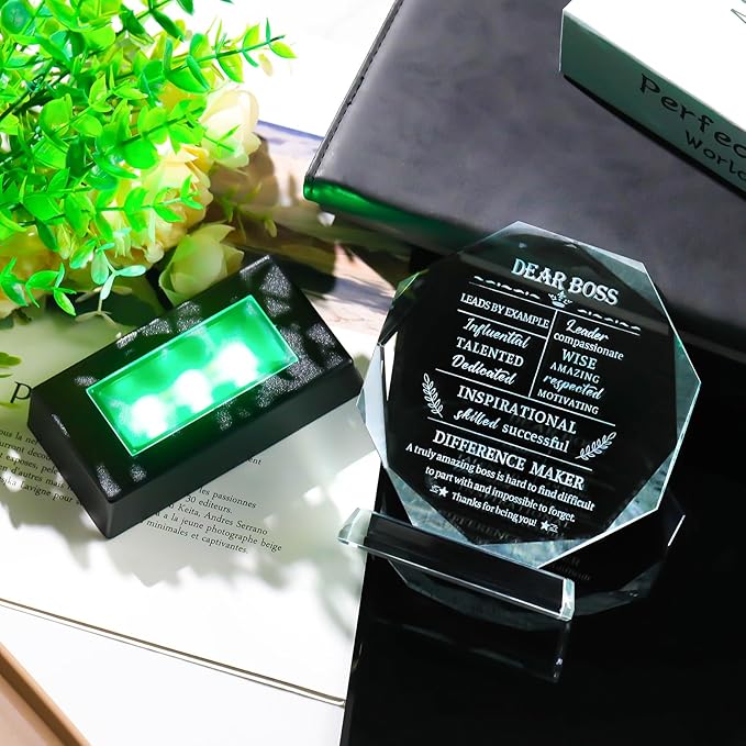 Movdyka Boss Gifts for Men Women Crystal Keepsakes with LED Base - Best Boss Day, Birthday, Christmas, Going Away, Thank You, Female Appreciation, Retirement, Office Decor