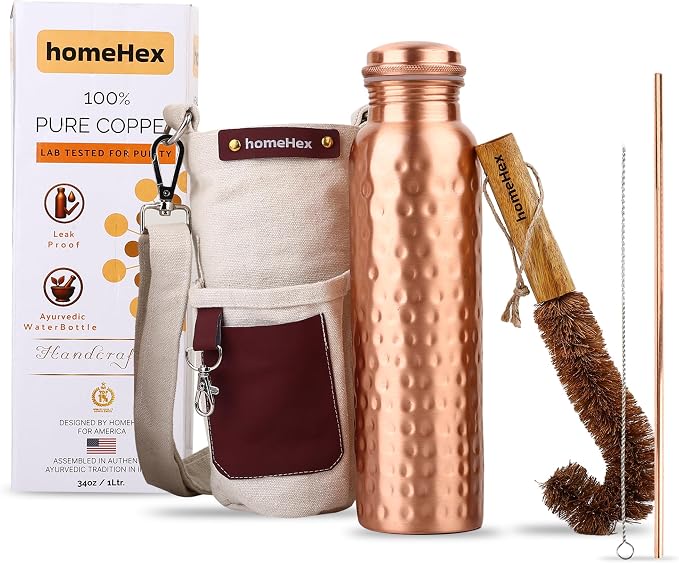 Copper Water Bottle 34 Oz A Hammered Ayurvedic Pure Copper Vessel with Carrying Bag, Straw, Cleaning Brushes Drink More Water, Lower Your Sugar Intake And Enjoy The Health Benefits Immediately