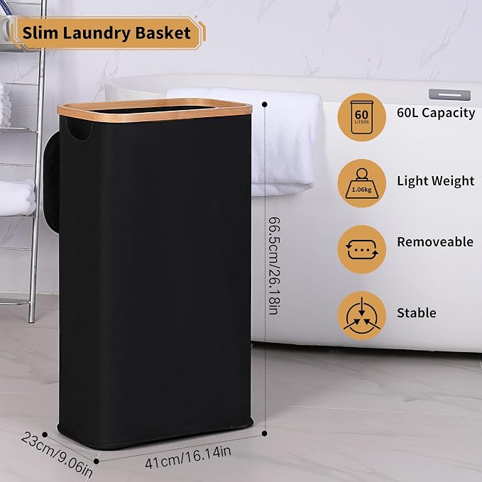 iEGrow 60L Slim Laundry Hamper, Narrow Laundry Basket with Lid,Foldable Clothes Hamper with Bamboo Handles,Hamper Basket with Removable Inner Bag for Laundry Room Bedroom College Dorm,Black