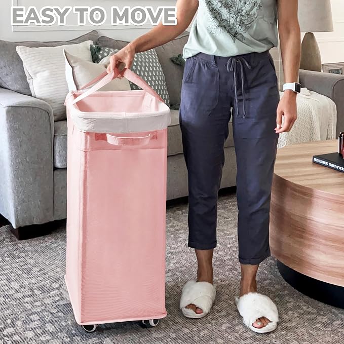 CHICVITA 100L Slim Laundry Hamper with Wheels, Collapsible Rolling Laundry Basket for Living Room, Pink Laundry Hamper for College Dorm