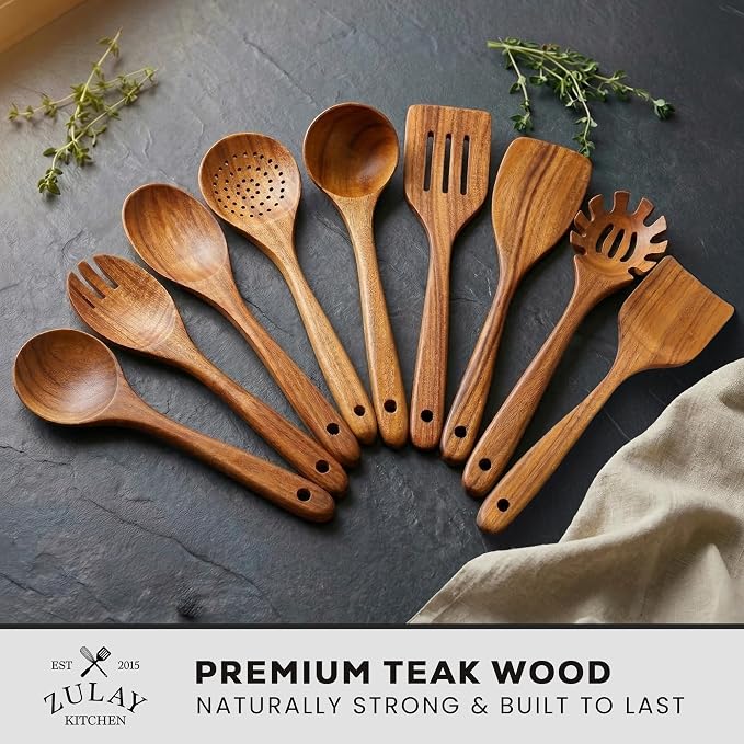 Zulay Kitchen 9-Piece Teak Wood Cooking Utensil Set – Non-Toxic & Non-Stick Safe Wooden Spoons & Kitchen Tools with Comfortable Grip, Smooth Finish Natural Teak – Perfect Kitchen Gift Set