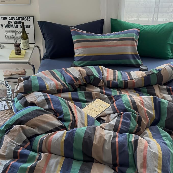 mixinni Vintage Striped Duvet Cover Queen Size 100% Washed Cotton 3 Piece Bedding Set Soft Breathable Retro Mid Century Modern Duvet Cover with Zipper Closure and Corner Ties for Boys Girls