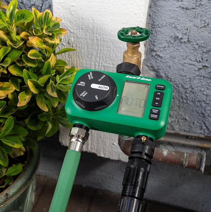 Rain Bird HET200 Electronic Digital Hose End Watering/Irrigation Timer, Battery Operated, 3/4" Garden Hose Thread, Heavy-Duty Brass Inlet, 2 Outlets/Ports