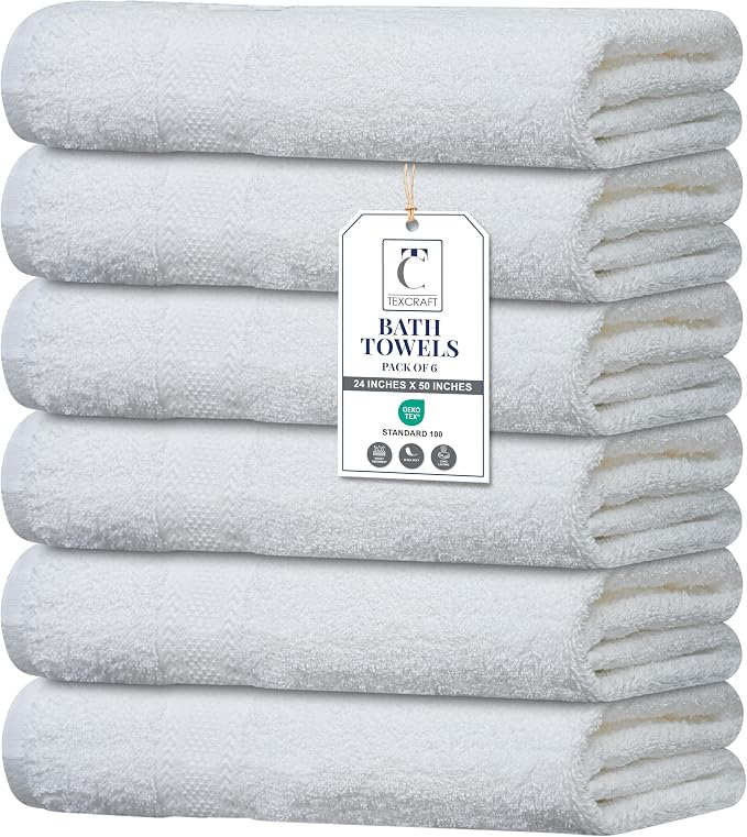 Large Bath Towels Set of 6 – 100% Cotton Terry – 24" x 50" – Quick Dry, Soft & Highly Absorbent – White Towels for Bathroom, Gym, Spa, Pool & Daily Use