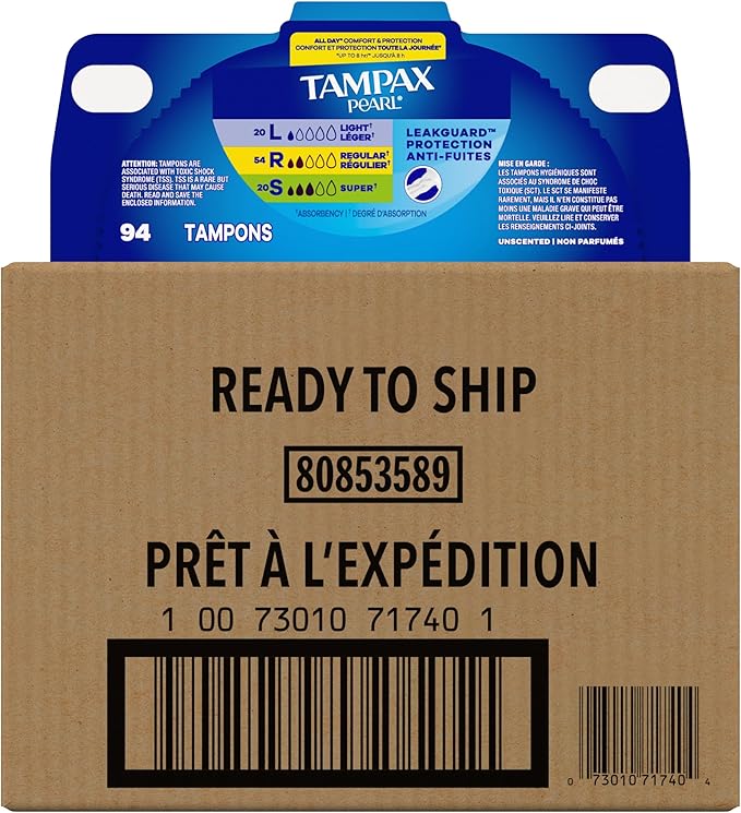 Tampax Pearl Tampons for Women Multipack, with LeakGuard Braid, Light/Regular/Super Absorbency, Unscented, 94 Count (2 Packs of 47) (Packaging May Vary)