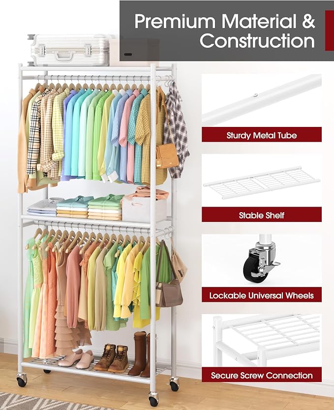 Sakugi Clothes Rack - 33.0" x 12.2" x 79.5" Clothing Rack with Shelves & Wheels, Multi-Functional Wardrobe Closet with Hooks, Sturdy Metal Garment Rack for Bedroom, Laundry, Balcony (White)
