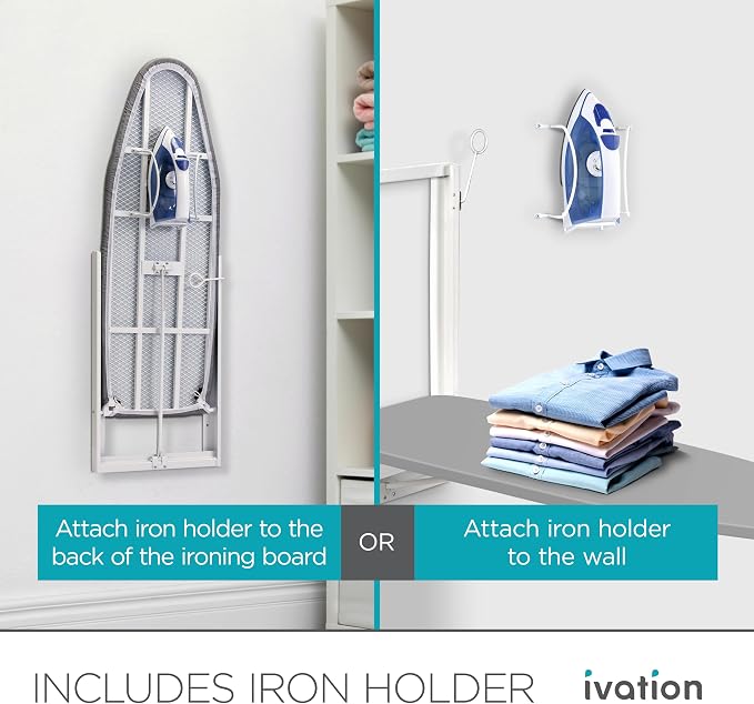 Ivation Wall-Mounted Ironing Board | Foldable 36.2” x 12.2” Sturdy Ironing Station for Home & Apartments, Easy-Release Lever, Removable Cotton Cover, Includes Mounting Hardware with Iron Holder