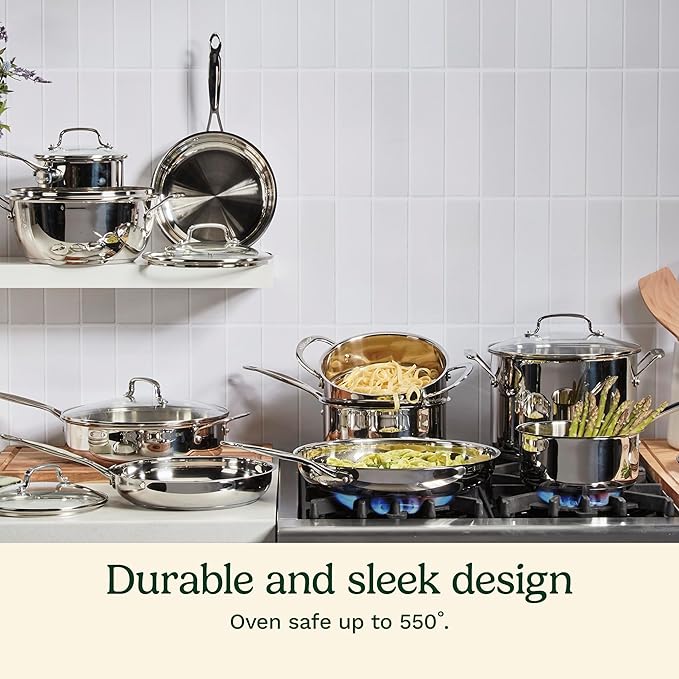 Cuisinart 17-Piece Stainless Steel Cookware Set, Chef's Classic Steel Collection with Pure Aluminum Core for Quick and Even Heat, Cool Grip Handles, Dishwasher Safe, 77-17N | Dishwasher-safe stainless steel pans and pots with riveted handles & aluminum...