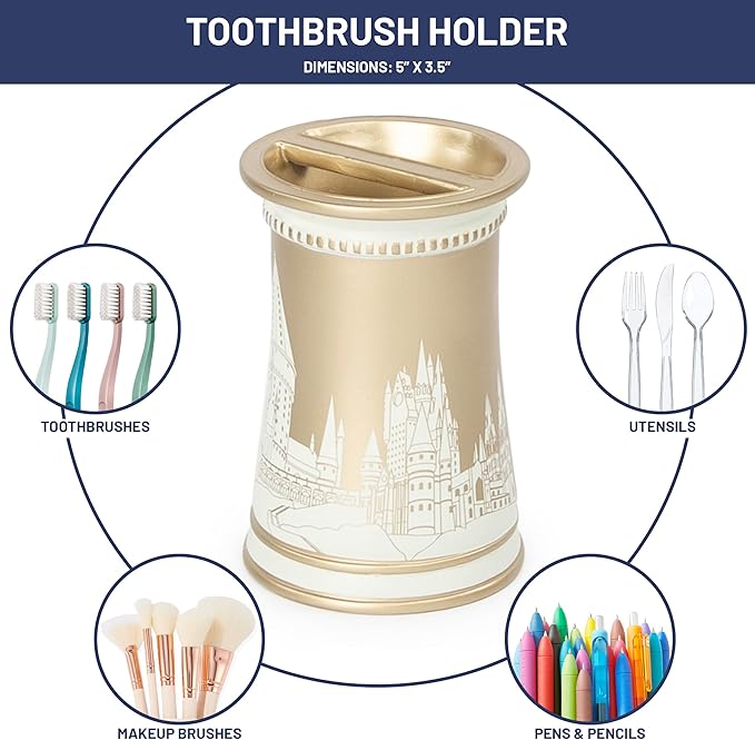 Harry Potter Bathroom Organizer Set - 4 Piece White and Gold Hogwarts Crest Accessories Includes Resin Soap Dispenser, Soap Dish, Toothbrush Holder and Tumbler - Bathroom Décor