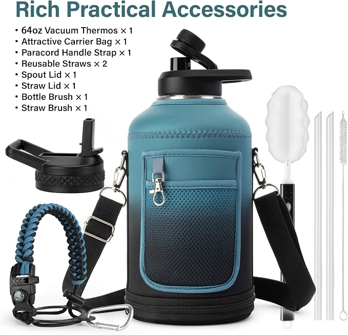 DYSANKY 64 oz Insulated Water Bottle | Thickened Stainless Steel Water Jug for Gym and Hiking with Straw, Carrier Bag, Handle Strap | BPA-Free 64 oz