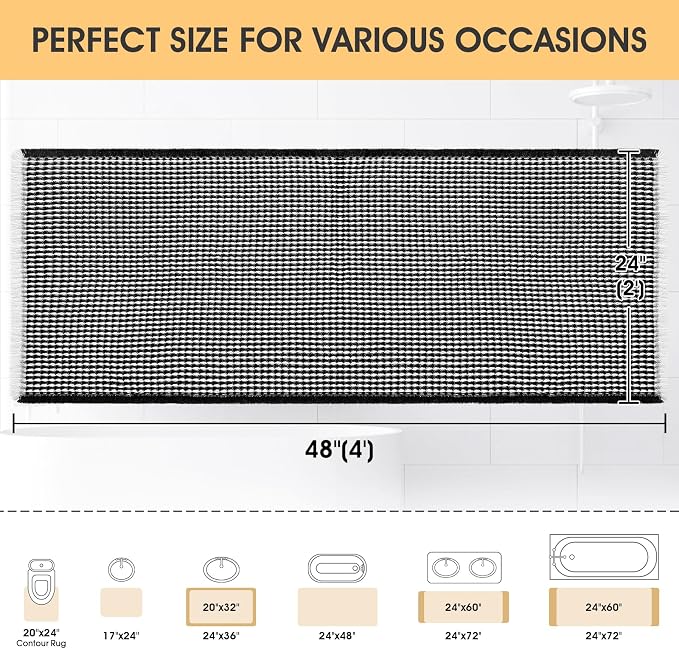 IM HOME Waffle Bath Mat Black & Cream 4'x2', Boho Woven Modern Bath Mat Rugs, Absorbent Non Slip Bathroom Rugs, Soft Washable Bath Rugs with Tassels for Bathroom, Bedroom, Kitchen, Shower, Tub