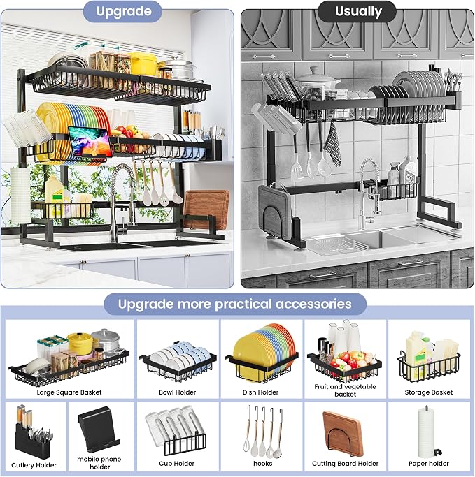 ADBIU Over The Sink Dish Drying Rack (Expandable Height and Length) Snap-On Design 2 Tier Large Dish Rack 31-39.4L x 12W x 34-38H inches