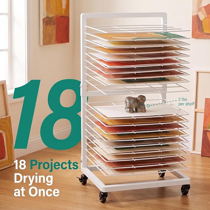 OFFICEROO White Art Drying Rack for Classroom & Preschool – 18-Shelf Mobile Paint Drying Rack, Canvas & Paper Drying Rack for Art Storage