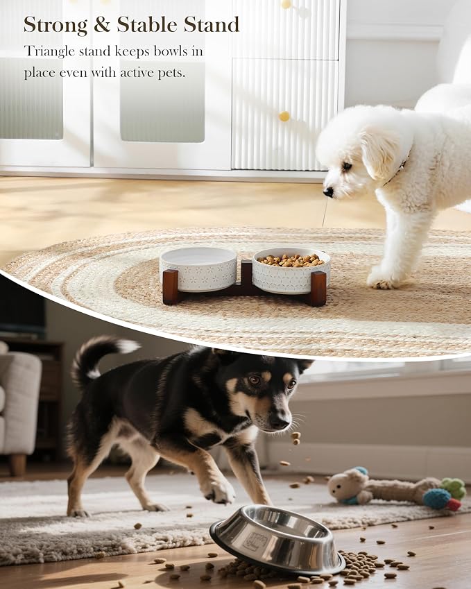 MALACASA Dog Bowl Set, Ceramic Bowls with Walnut Wood Stand, 1.5 Cups | Five-Leaf Grass and Honeycomb Design, Non-Slip Base, for Cats and Dogs, About 26% Heavier than Similar Ceramic Bowls