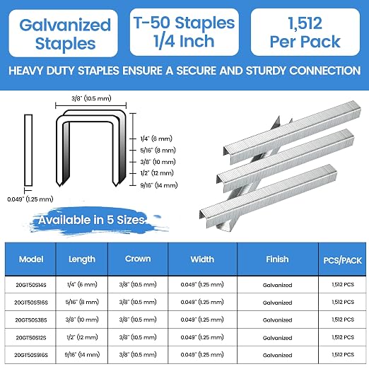 meite T50 Heavy Duty Staples, 1/4 Inch Galvanized T50 Staples for Staple Gun, 20 Gauge 3/8 Inch Crown Staple for Upholstery, Construction, Furniture (1 Case)
