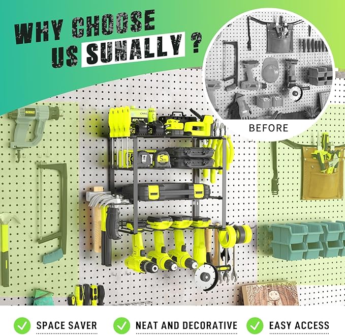 SUNALLY Power Tool Organizer, 4 Drill Holder Wall Mount, Garage Tool Organizer and Storage with Screwdriver Holder, Garage Organization, 4 Layer Cordless Drill Holder with Hammer Holder