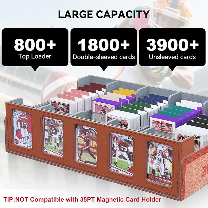 Kabinka Football Card Storage Box with Window Display, 5-Row Sport Card Storage Box, 3900+ Card Deck Box for Football Sports Card TCG, 5 Top Loaders, 5 Stoppers, 48 Dividers, 1 Dice Tray(Football 1)